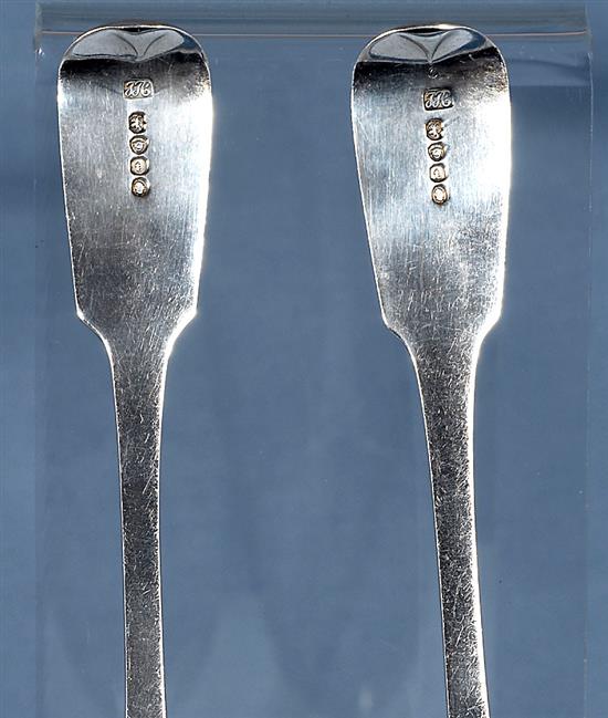 A pair of William IV silver fiddle pattern serving spoons and a similar Victorian pair, Length 237mm, weight 4.9oz/153grms